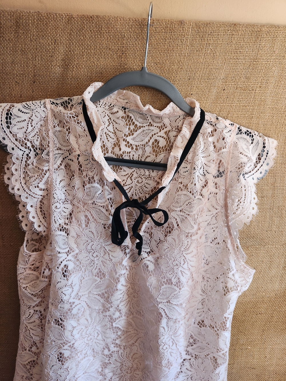 White House Black Market Pink Lace Sleeveless Blouse with Black Tie